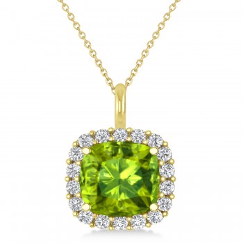 Cushion Cut Peridot & Diamond Halo Pendant 14k Yellow Gold (2.96ct)