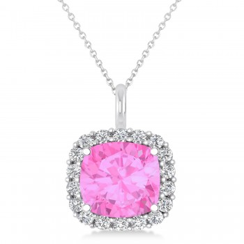 Cushion Cut Pink Sapphire & Diamond Halo Pendant 14k White Gold (2.96ct)