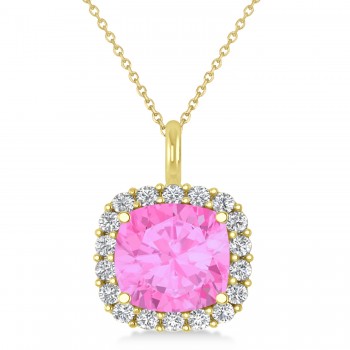 Cushion Cut Pink Sapphire & Diamond Halo Pendant 14k Yellow Gold (2.96ct)