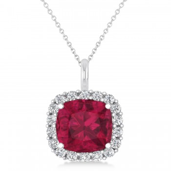 Cushion Cut Ruby & Diamond Halo Pendant 14k White Gold (2.96ct)