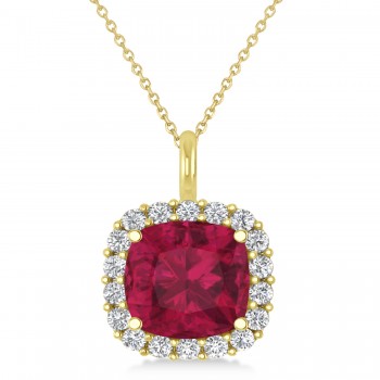 Cushion Cut Ruby & Diamond Halo Pendant 14k Yellow Gold (2.96ct)