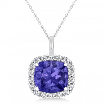 Cushion Cut Tanzanite & Diamond Halo Pendant 14k White Gold (2.96ct)