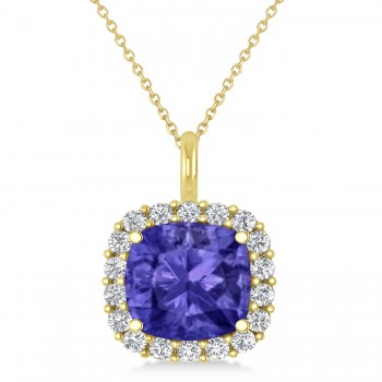 Cushion Cut Tanzanite & Diamond Halo Pendant 14k Yellow Gold (2.96ct)