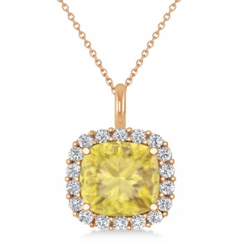 Cushion Cut Yellow & White Diamond Halo Pendant 14k Rose Gold (2.76ct)