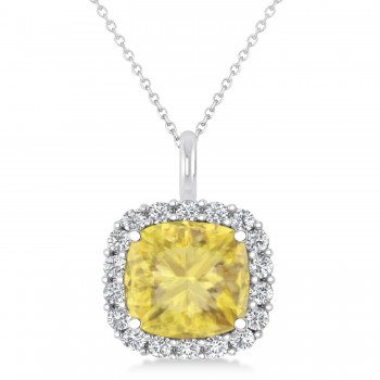 Cushion Cut Yellow & White Diamond Halo Pendant 14k White Gold (2.76ct)