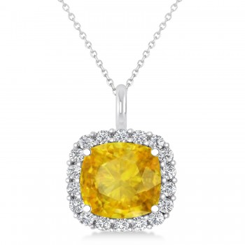 Cushion Cut Yellow Sapphire & Diamond Halo Pendant 14k White Gold (2.96ct)