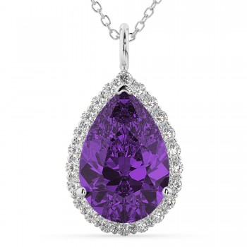 Halo Amethyst & Diamond Pear Shaped Pendant Necklace 14k White Gold (5.44ct)