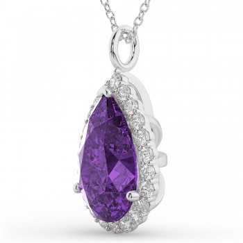 Halo Amethyst & Diamond Pear Shaped Pendant Necklace 14k White Gold (5.44ct)