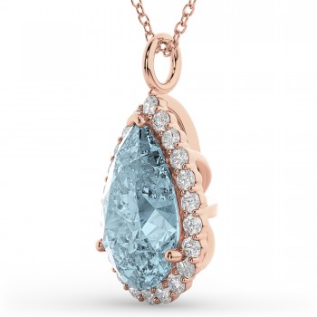 Halo Aquamarine & Diamond Pear Shaped Pendant Necklace 14k Rose Gold (6.04ct)