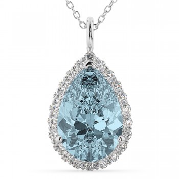 Halo Aquamarine & Diamond Pear Shaped Pendant Necklace 14k White Gold (6.04ct)