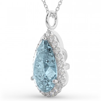 Halo Aquamarine & Diamond Pear Shaped Pendant Necklace 14k White Gold (6.04ct)