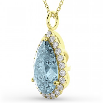 Halo Aquamarine & Diamond Pear Shaped Pendant Necklace 14k Yellow Gold (6.04ct)