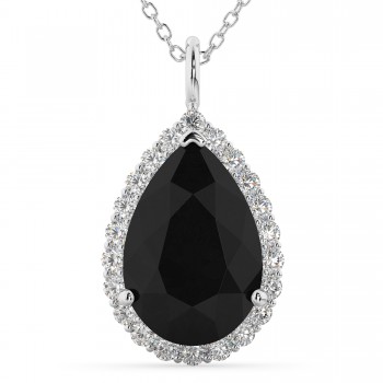 Halo Pear Shaped Black Diamond Necklace 14k White Gold (4.69ct)