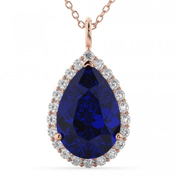 Halo Blue Sapphire & Diamond Pear Shaped Pendant Necklace 14k Rose Gold (8.34ct)