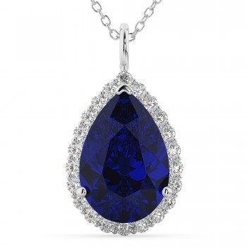 Halo Blue Sapphire & Diamond Pear Shaped Pendant Necklace 14k White Gold (8.34ct)