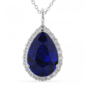 Halo Blue Sapphire & Diamond Pear Shaped Pendant Necklace 14k White Gold (8.34ct)