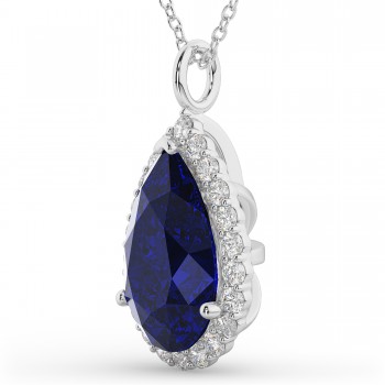 Halo Blue Sapphire & Diamond Pear Shaped Pendant Necklace 14k White Gold (8.34ct)