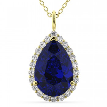 Halo Blue Sapphire & Diamond Pear Shaped Pendant Necklace 14k Yellow Gold (8.34ct)