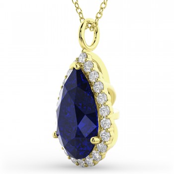 Halo Blue Sapphire & Diamond Pear Shaped Pendant Necklace 14k Yellow Gold (8.34ct)