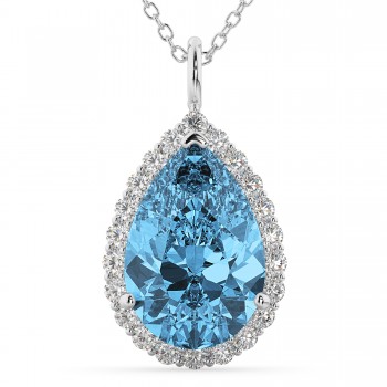 Halo Blue Topaz & Diamond Pear Shaped Pendant Necklace 14k White Gold (8.94ct)