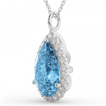 Halo Blue Topaz & Diamond Pear Shaped Pendant Necklace 14k White Gold (8.94ct)