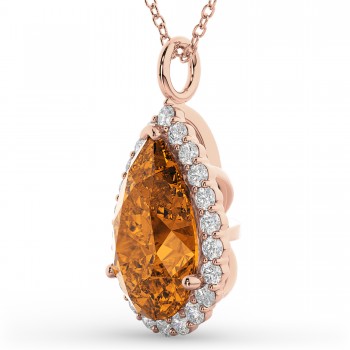 Halo Citrine & Diamond Pear Shaped Pendant Necklace 14k Rose Gold (5.44ct)