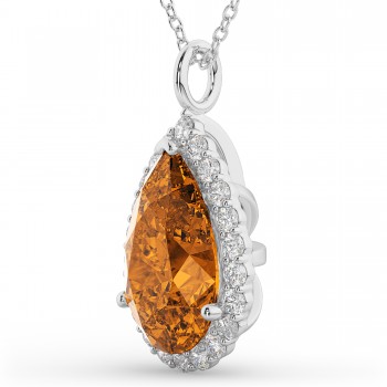 Halo Citrine & Diamond Pear Shaped Pendant Necklace 14k White Gold (5.44ct)