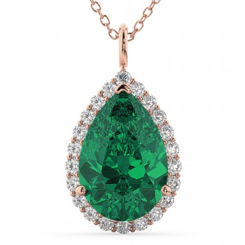 Halo Emerald & Diamond Pear Shaped Pendant Necklace 14k Rose Gold (6.54ct)