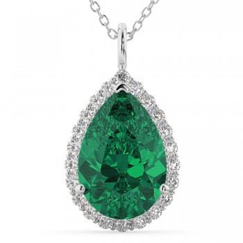 Halo Emerald & Diamond Pear Shaped Pendant Necklace 14k White Gold (6.54ct)