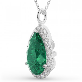 Halo Emerald & Diamond Pear Shaped Pendant Necklace 14k White Gold (6.54ct)