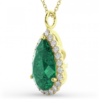 Halo Emerald & Diamond Pear Shaped Pendant Necklace 14k Yellow Gold (6.54ct)