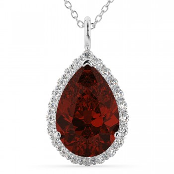 Halo Garnet & Diamond Pear Shaped Pendant Necklace 14k White Gold (6.24ct)