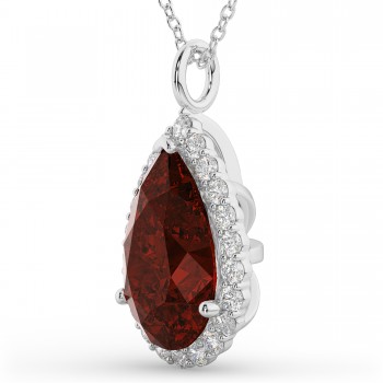 Halo Garnet & Diamond Pear Shaped Pendant Necklace 14k White Gold (6.24ct)