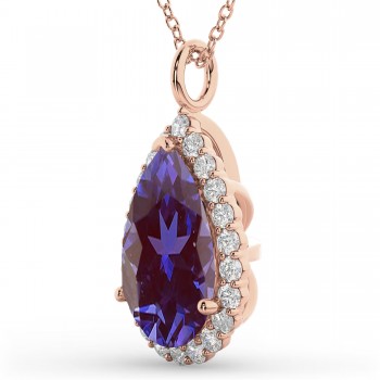 Halo Lab Alexandrite & Diamond Pear Shaped Pendant Necklace 14k Rose Gold (5.44ct)