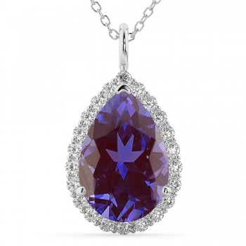 Halo Lab Alexandrite & Diamond Pear Shaped Pendant Necklace 14k White Gold (5.44ct)