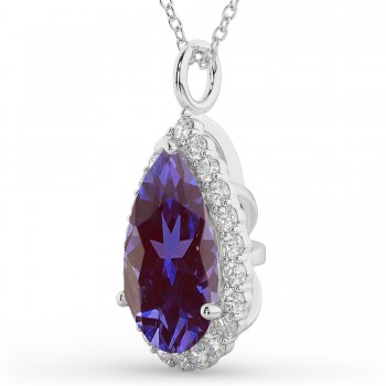 Halo Lab Alexandrite & Diamond Pear Shaped Pendant Necklace 14k White Gold (5.44ct)