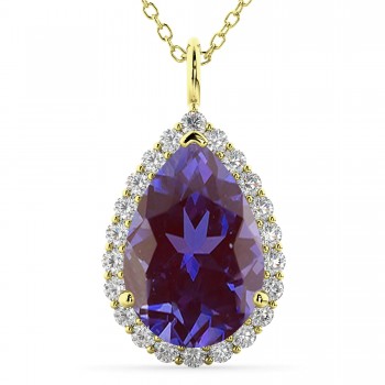 Halo Lab Alexandrite & Diamond Pear Shaped Pendant Necklace 14k Yellow Gold (5.44ct)