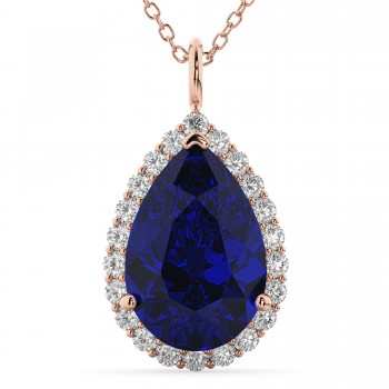 Halo Lab Blue Sapphire & Diamond Pear Shaped Pendant Necklace 14k Rose Gold (8.34ct)