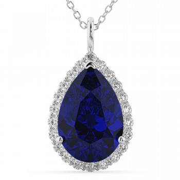 Halo Lab Blue Sapphire & Diamond Pear Shaped Pendant Necklace 14k White Gold (8.34ct)