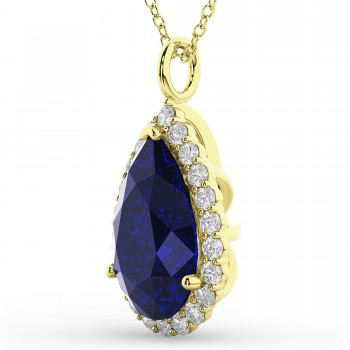 Halo Lab Blue Sapphire & Diamond Pear Shaped Pendant Necklace 14k Yellow Gold (8.34ct)