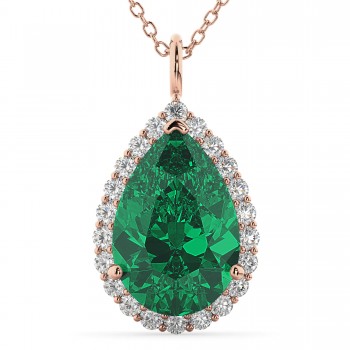 Halo Lab Emerald & Diamond Pear Shaped Pendant Necklace 14k Rose Gold (6.54ct)