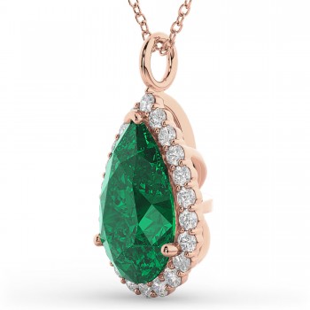 Halo Lab Emerald & Diamond Pear Shaped Pendant Necklace 14k Rose Gold (6.54ct)