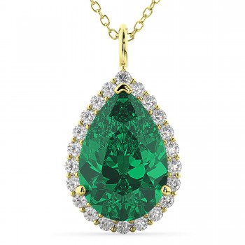 Halo Lab Emerald & Diamond Pear Shaped Pendant Necklace 14k Yellow Gold (6.54ct)