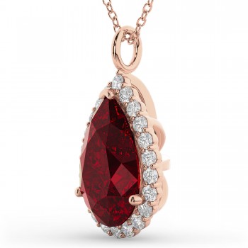 Halo Lab Ruby & Diamond Pear Shaped Pendant Necklace 14k Rose Gold (8.34ct)