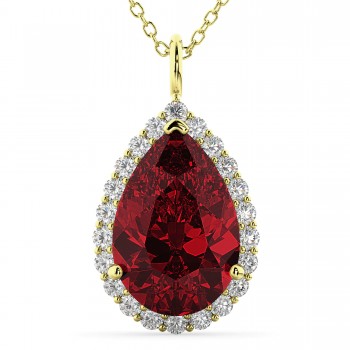 Halo Lab Ruby & Diamond Pear Shaped Pendant Necklace 14k Yellow Gold (8.34ct)