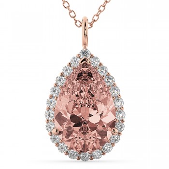 Halo Morganite & Diamond Pear Shaped Pendant Necklace 14k Rose Gold (4.04ct)