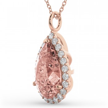 Halo Morganite & Diamond Pear Shaped Pendant Necklace 14k Rose Gold (4.04ct)