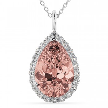 Halo Morganite & Diamond Pear Shaped Pendant Necklace 14k White Gold (4.04ct)