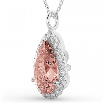 Halo Morganite & Diamond Pear Shaped Pendant Necklace 14k White Gold (4.04ct)