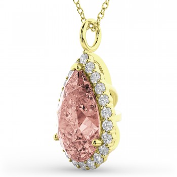 Halo Morganite & Diamond Pear Shaped Pendant Necklace 14k Yellow Gold (4.04ct)